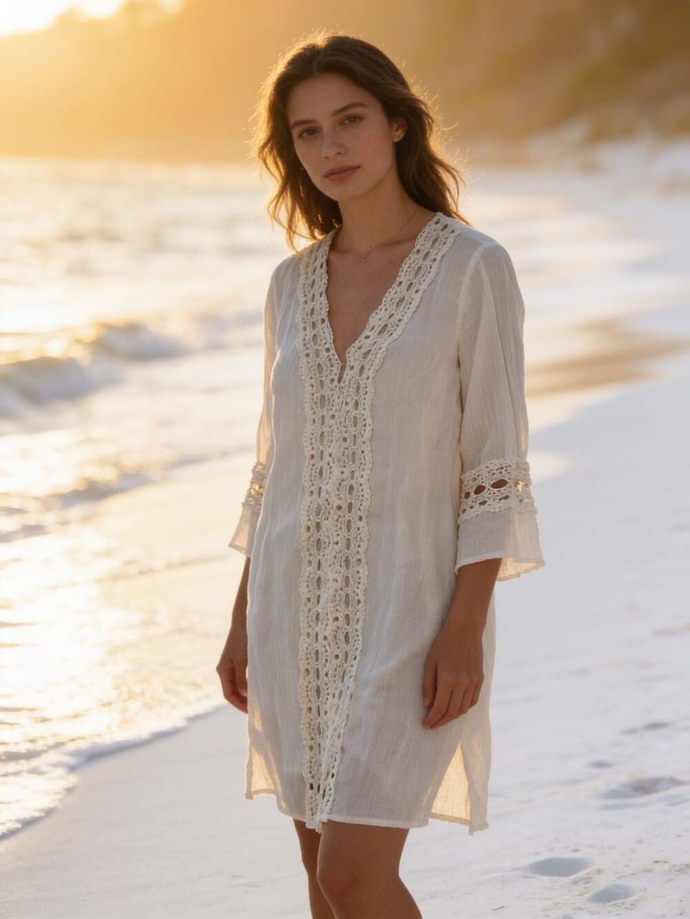 Blue Island White Crochet Trim Beach Cover-Up Tunic Size M